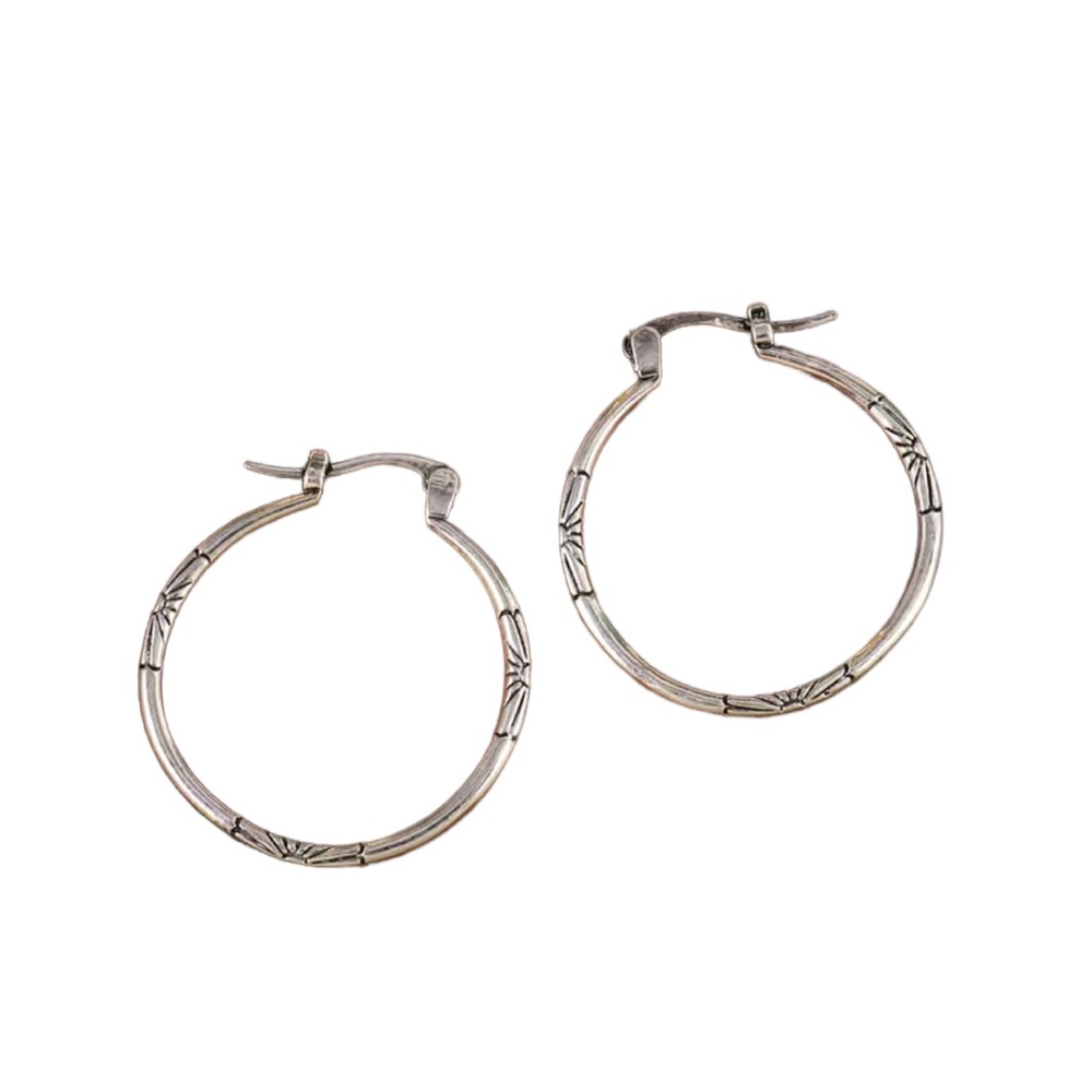 Silver Plated Floral Design Hoop Earrings - Picture 5 of 6